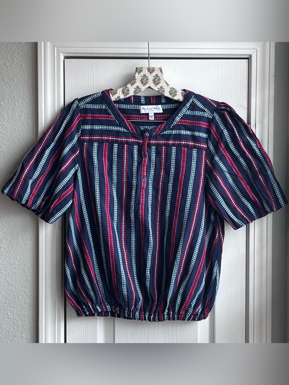 Michael Stars Zephyr Embroidered Stripe Bubble Hem Red Blue Top Size S